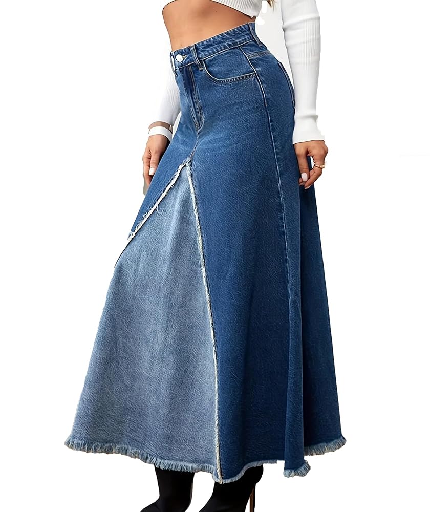 Jeansowa spódnica midi retro z wysokim stanem